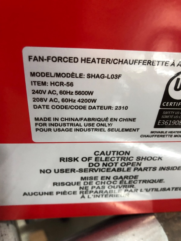 Photo 4 of 240V Fan-Forced Industrial Space Heater 5600W, heats Up to 600 ft². with Fan Only Function, 6ft Cord, Integrated Thermostat Control, Carry Handle and Overheat Protection, UL Safety. SHAG-L03F