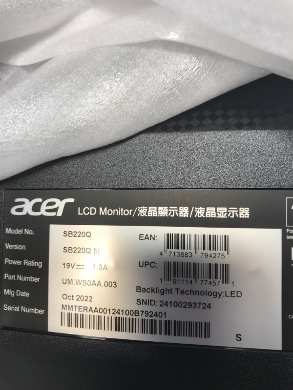 Photo 3 of Acer 21.5 Inch Full HD (1920 x 1080) IPS Ultra-Thin Zero Frame Computer Monitor (HDMI & VGA Port), SB220Q bi