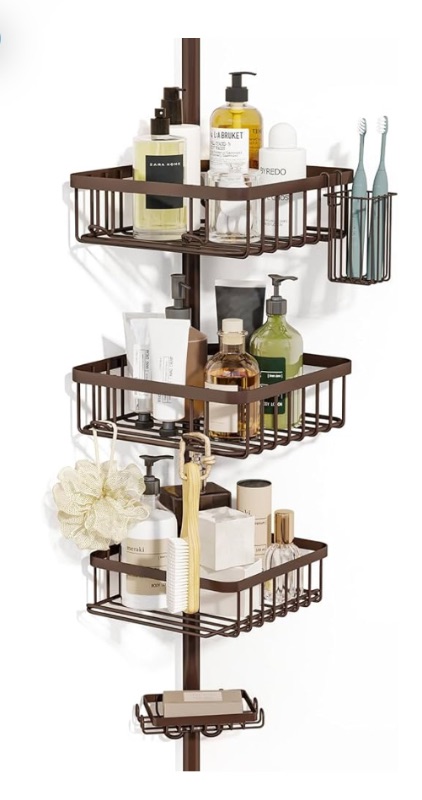 Photo 1 of Fixwal Rustproof Shower Corner Caddy Organizer for Bathroom, 3 Large Baskets with Soap Caddy & Toothbrush Holder, Tension Pole Extend from 56 to 117 Inch?Bronze