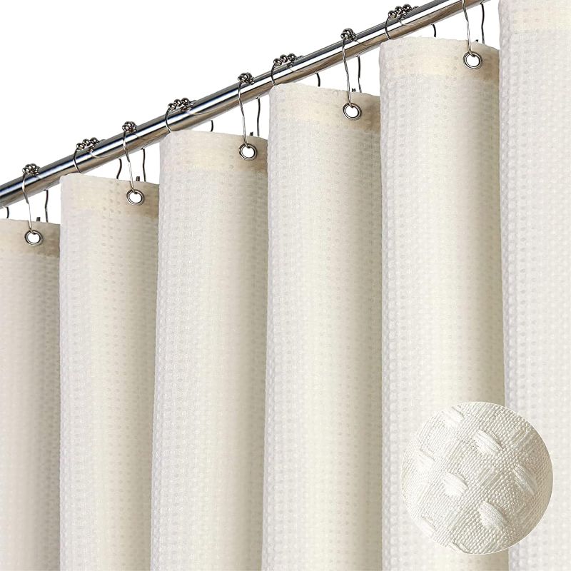 Photo 1 of Dynamene Ivory Fabric Shower Curtain - Waffle Textured Heavy Duty Cloth Curtains for Bathroom, 256GSM Hotel Luxury Weighted Polyester Bath Curtain Set with 12 Plastic Hook, 72Wx72H,Cream/Ivory
