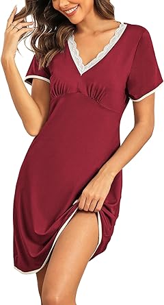 Photo 1 of Ekouaer Womens Nightgown V Neck Sexy Sleepwear Short Sleeve Sleep Shirt Lace Trim Soft Night Shirts/ Size L
