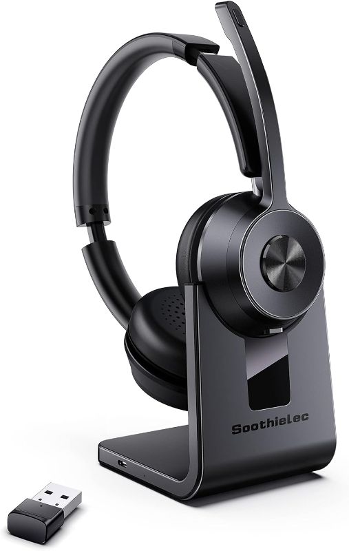 Photo 1 of Bluetooth Headset V5.1, Wireless Headset with Noise Canceling Microphone, 40 Hrs Work Time Office Headset with Bluetooth Dongle & Charging Base, AptX HD On-Ear Headphones with Mute Button (Black)