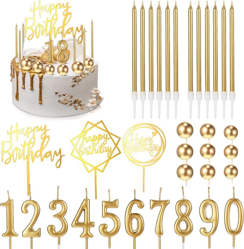 Photo 1 of 34 Pcs Birthday Candles Cake Toppers for Men Women with 12 Long Thin Birthday Cake Candle 10 Numeral Birthday Candle 9 Ball Cake Topper 3 Birthday Cake Topper(Gold)