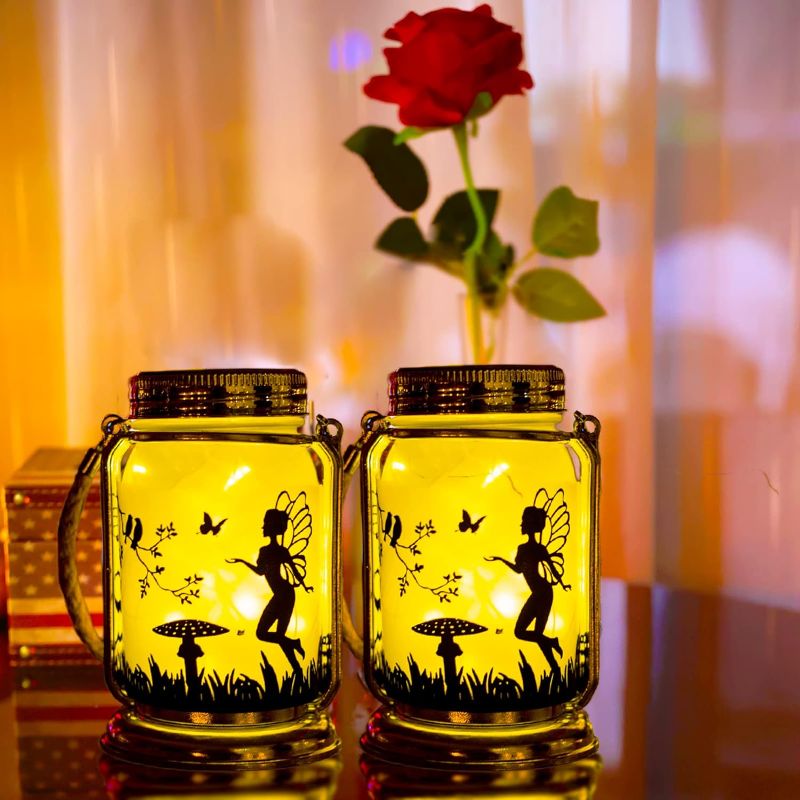 Photo 1 of 2 Pack Solar Hanging Mason Jar Lantern- Gifts for Mom Women Grandma ,Outdoor Ornaments Decorations- Solar Fairies Night Lights with Stakes Frosted Glass Waterproof Jar for Yard Patio Lawn