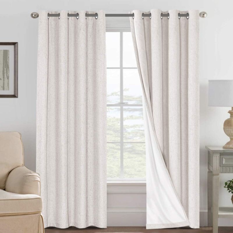 Photo 1 of 00% Blackout Curtains Linen Textured Blackout Curtains for Bedroom Full Light Blocking Thermal Insulated Curtain Panels 84 Inches Long Energy Saving with White Liner, 2 Panels, Ivory