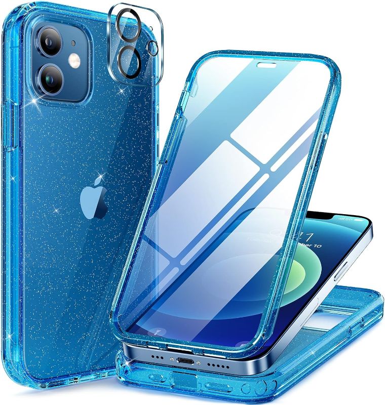 Photo 1 of Miracase Glass Series for iPhone 12/12 Pro - Full-Body Rugged Protective Case with Built-in 9H Tempered Glass Screen Protector and Camera Lens Protector - Glitter Blue
