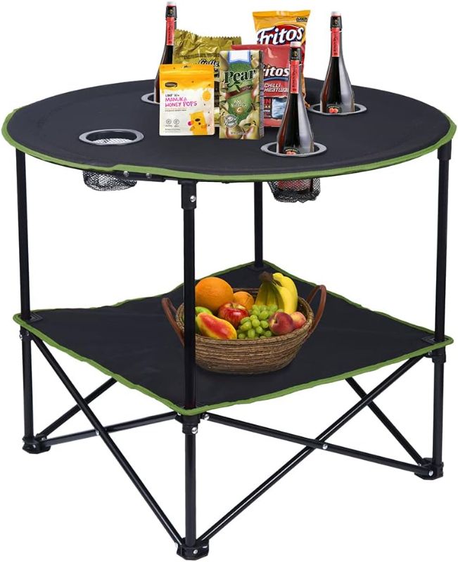 Photo 1 of LEADALLWAY Camping Tables That Fold Up Lightweight Portable Outdoor Table with 4 Cup Holders and Carrying Bags for Outdoor Picnic,Barbecue,Travel,Fishing(Black+Army Green)