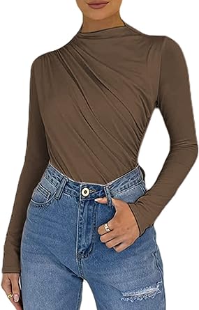 Photo 1 of Hilinker Women's Ruched Long Sleeve Bodysuit High Cut Leotard Top Medium BROWN