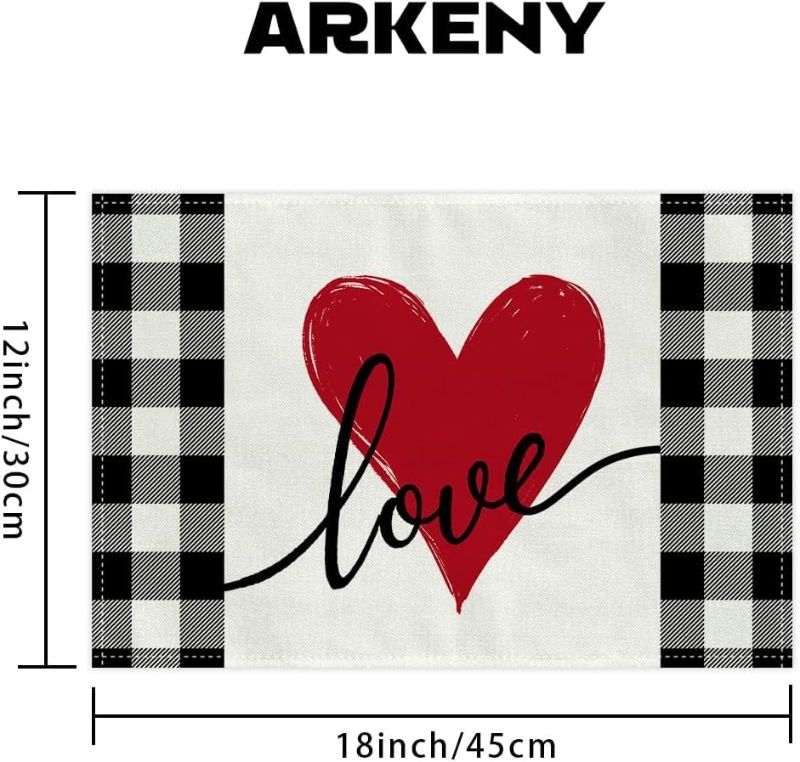 Photo 1 of ARKENY Mothers Day Placemats 13x120 Inches Set of 4, Love Heart Seasonal Farmhouse Burlap Buffalo Plaid Indoor Kitchen Anniversary Wedding Dining Valentines Table Decorations for Home Party AP024-18