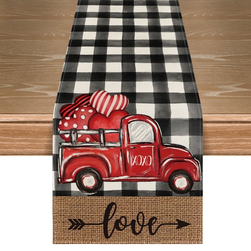 Photo 1 of Smile Watercolor Love Heart Truck Valentine Buffalo Plaid Table Runner for Dining Table 13 x 72 Inch, Holiday Home Kitchen Dining Table Decoration
