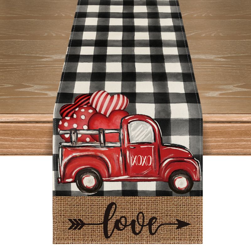 Photo 1 of Smile Watercolor Love Heart Truck Valentine Buffalo Plaid Table Runner for Dining Table 13 x 72 Inch, Holiday Home Kitchen Dining Table Decoration
