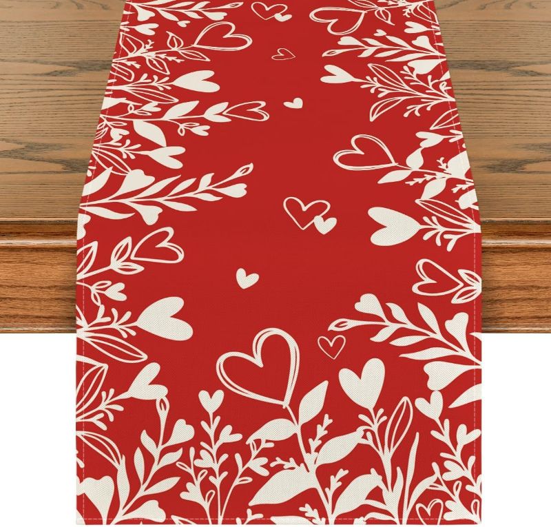 Photo 1 of Artoid Mode Red Heart Love Plant Valentine's Day Table Runner, Seasonal Holiday Kitchen Dining Table Decoration for Home Party Decor 13x72 Inch
