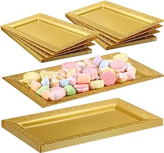 Photo 1 of 24 Pcs Gold Plastic Serving Tray Platter Set 14 x 7.5 Inches Gold Lace Rim Serving Trays for Food Dessert Fruit Cupcake Weddings Table Parties Display