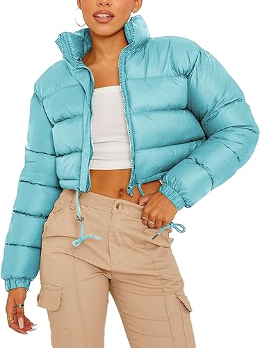 Photo 1 of Womens Cropped Puffer Jacket Zip-Up Padded Quilted Short Coats Drawstring Winter Down Coat XL