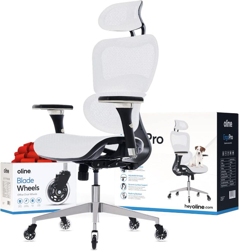 Photo 1 of Oline ErgoPro Ergonomic Office Chair - Rolling Desk Chair with 4D Adjustable Armrest, 3D Lumbar Support and Blade Wheels - Mesh Computer Chair, Gaming Chairs, Executive Swivel Chair (White)