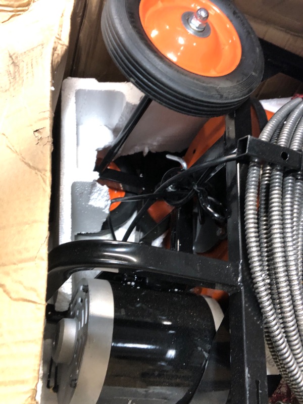 Photo 3 of **SEE NOTES** VEVOR Drain Cleaner Machine 100 FT x 1/2 Inch, Sewer Auger Auto Feed with 4 Cutter & Air-activated Foot Switch for 1" to 4" Pipes, Orange, Black Orange, Black 100Ft x 1/2Inch