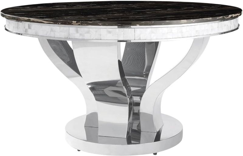 Photo 1 of **BASE ONLY, MISSING BOXES 1 & 2**  Benjara 51 Inch Round Dining Table, Marble Top, Glass Tiles on Edge, Base, Black, Chrome box 3 of 3
