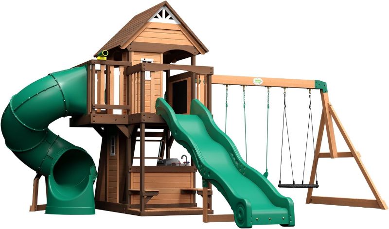 Photo 1 of KnightsBridge Ultimate Complete Wooden Outdoor Playset with Monkey Bars, Slide, Swings and Swing Set Accessories