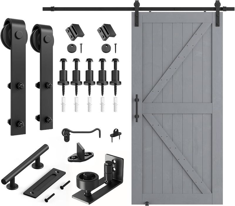 Photo 1 of ***USED - LIKELY MISSING PARTS - UNABLE TO VERIFY FUNCITONALITY***
SMARTSTANDARD 42in x 84in Sliding Barn Door with 7ft Barn Door Hardware Kit & Handle, Pre-Drilled Ready to Assemble, DIY Unfinished Solid Spruce Wood Panelled Slab, K-Frame, Grey