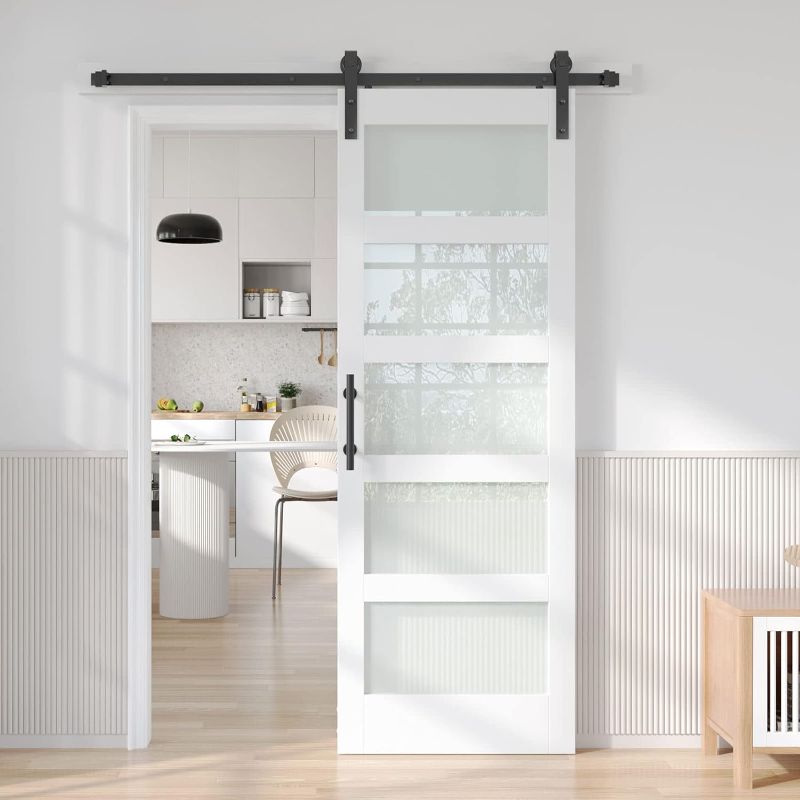 Photo 1 of (NON-REFUNDABLE) 32in x 84in White Glass Barn Door with 5.5FT 66inch Sliding Door Hardware Kit Included & Handle,PVC Surface,Need to Assembly,Water-Proof