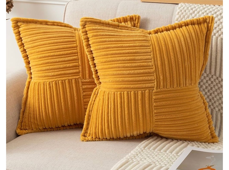 Photo 1 of (READ FULL POST) UGASA Super Soft Stripe Pillow Covers Set of 2 Splicing Corduroy Textured Solid Decorative Cushion Covers with Broadside for Farmhouse Couch Bed Sofa Home Gift 18x18 Inch, Mustard Yellow