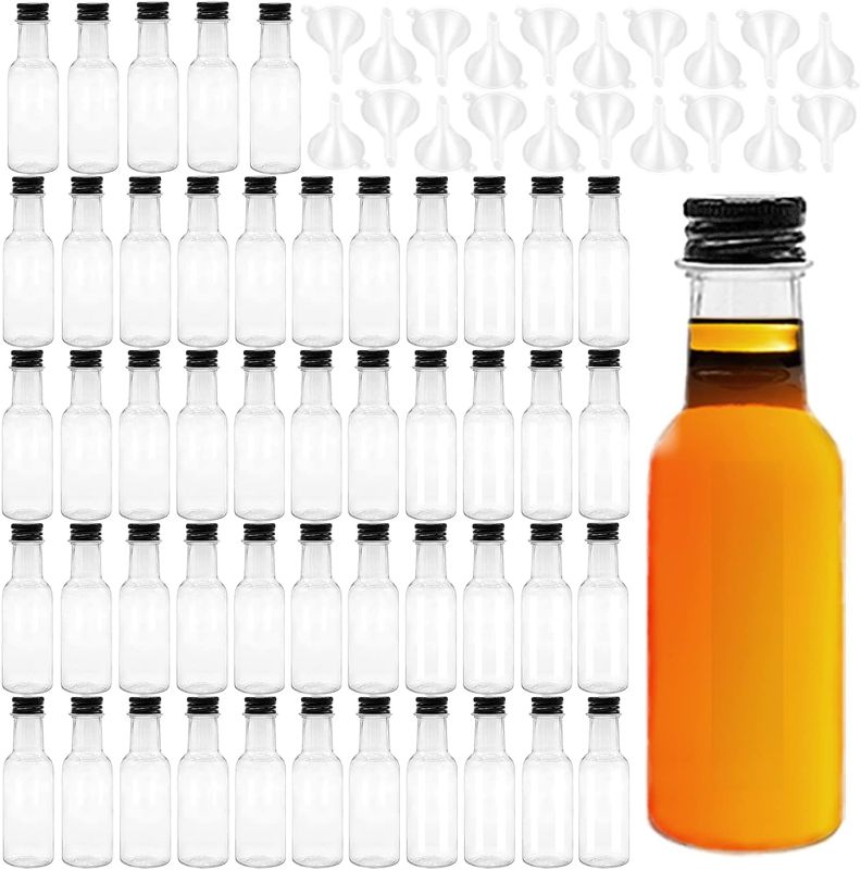 Photo 1 of Mini Liquor Bottles,50 Pack Empty Spirit Bottles with Black Cap,1oz/30ml Mini Alcohol Bottles with 20 Funnels,Miniature Bottles for Weddings,Party Favors
