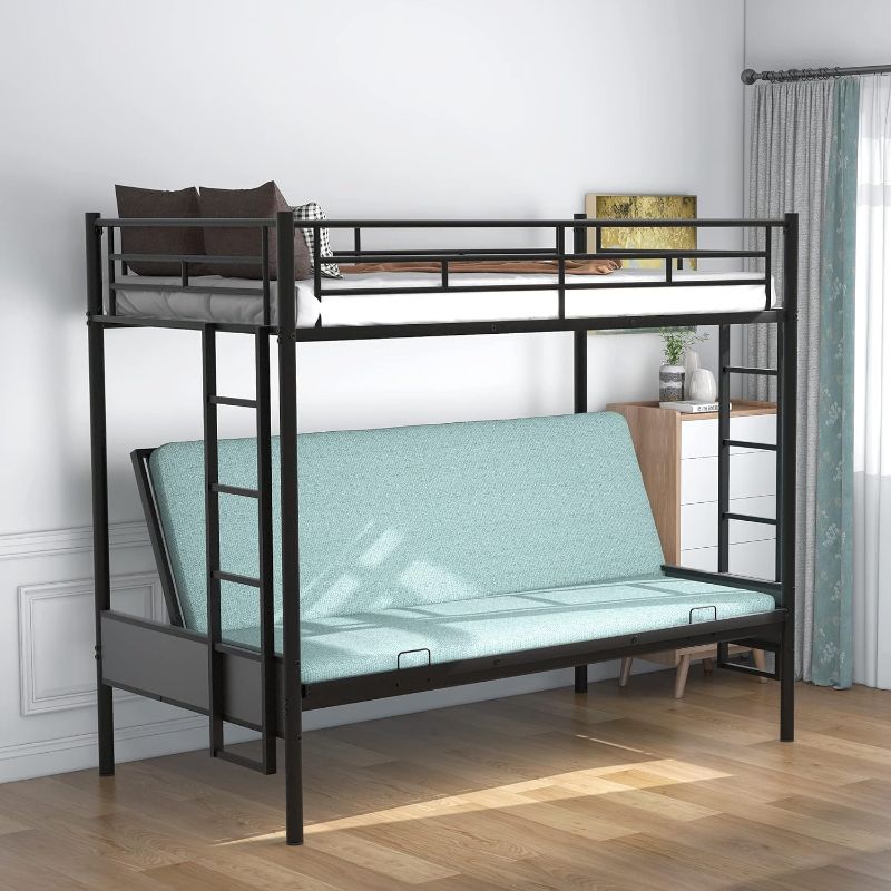 Photo 1 of ***NONREFUNDABLE - NOT FUNCTIONAL - FOR PARTS ONLY - SEE COMMENTS***
Twin-Over-Futon Convertible Couch and Bed, Metal Futon Bunk Bed with Guardrails and Ladder, Sturdy Steel Foldable Sofa-Bed for Kids Adults Teens (Twin over Full Metal Bunk Bed, Twin)