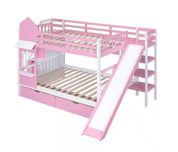 Photo 1 of ** NOT FULL SET BOX 2 OF 3 ** Pink Full over Full Castle Style Wood Bunk Bed with Storage Staircases, 2 Drawers, Shelves, and Slide
