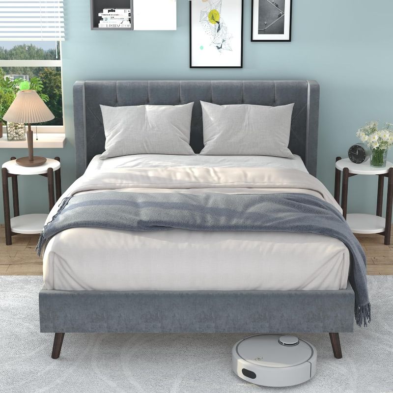 Photo 1 of (USED/ UNKNOWN IF ISSING PARTS) Chenoa Queen Bed Frame with Velvet Upholstered Tufted Wingback Headboard, Wooden Slats Foundation Platform, No Box Spring Needed, Easy Assembly, Noise-Free, Light Grey
