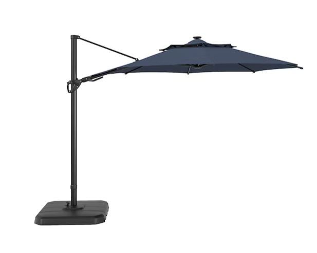 Photo 1 of allen + roth 11-ft Aluminum Blue Crank Offset Patio Umbrella with Lights and Base
