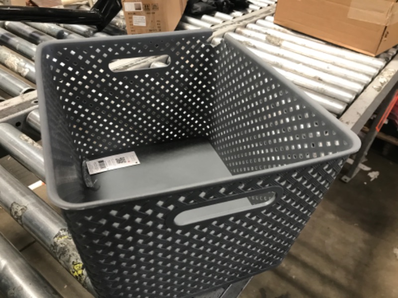 Photo 2 of *MINOR DAMAGE* Simplify Large Resin Wicker Tote | Storage Bin | Plastic Organizer | Carrying Handles | Bathroom | Pantry | Accessories | Toys | Grey Large GreySimplify Large Resin Wicker Storage Bin, Grey (25169-GREY)
