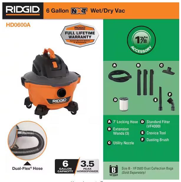 Photo 1 of (READ FULL POST) RIDGID 6 Gallon 3.5 Peak HP NXT Wet/Dry Shop Vacuum with Filter, Locking Hose and Accessories