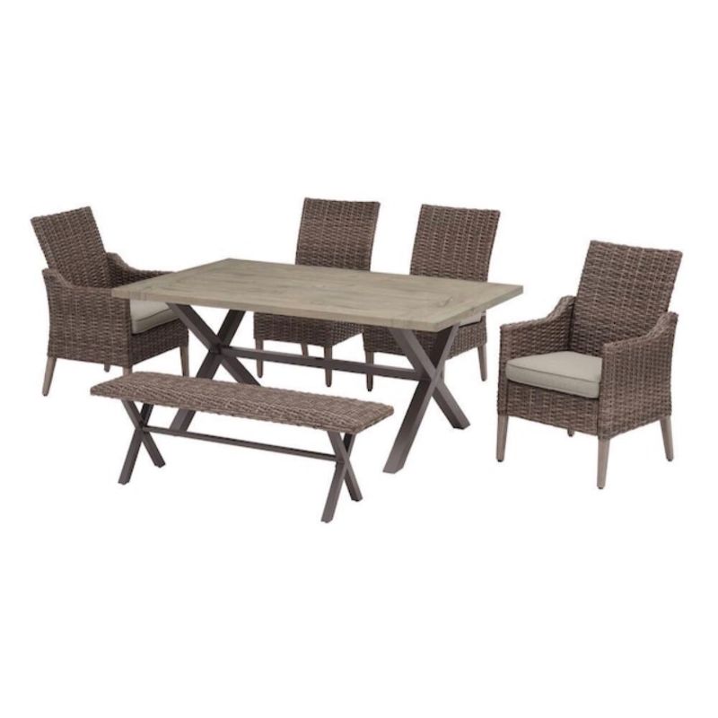 Photo 1 of ***SOLD AS IS- TRUCK/TRAILER PICKUP ONLY***
Hampton Bay Rock Cliff Brown 6-Piece Wicker Outdoor Dining Set with Bench and CushionGuard Riverbed Cushions