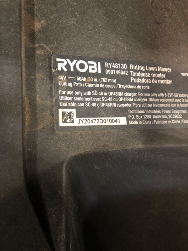 Photo 6 of ***SEE NOTES*** 
RYOBI
48V Brushless 30 in. 50 Ah Battery Electric Rear Engine Riding Mower