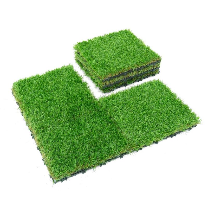 Photo 1 of 1 Ft. X 1 Ft. Green Artificial Grass Turf Tiles, Self-Draining Interlocking Faux Grass Pet Turf, Tile, Covers 6 Sq. Ft.
