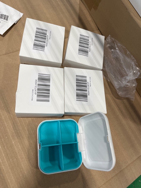 Photo 2 of 4pcs**Pill Box Portable Pill Dispensing Box, Travel Portable Pill Box, 4-Compartment Daily Portable Pill Organizer, Suitable for Vitamins, Medicines, Fish Oil (White+Cyan)