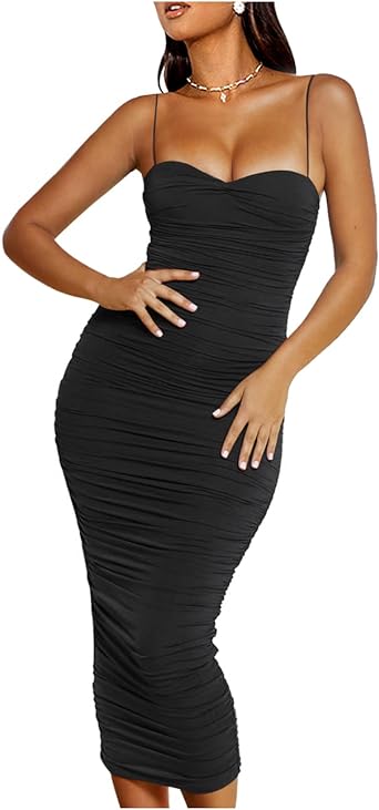 Photo 1 of L'VOW Women's Sexy Ruched Bodycon Spaghetti Strap Backless Maxi Pencil Formal Dress
