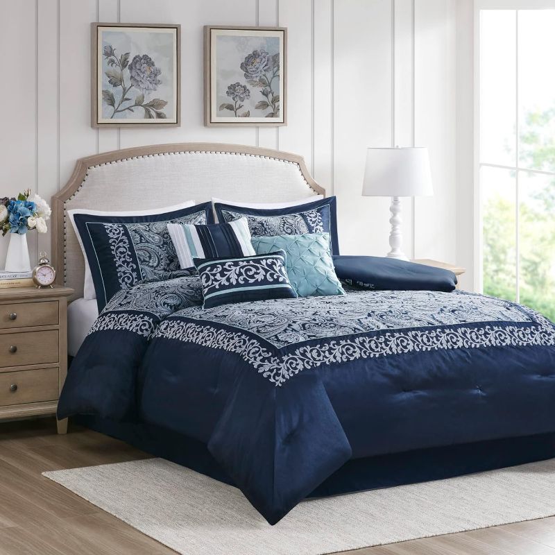 Photo 1 of 
Madison Park Whitney Comforter Set, Jacquard Embroidery Paisley Design, Faux Silk Luxurious Bedroom Decor, All Season Bedding, Matching Sham, Bedskirt KING