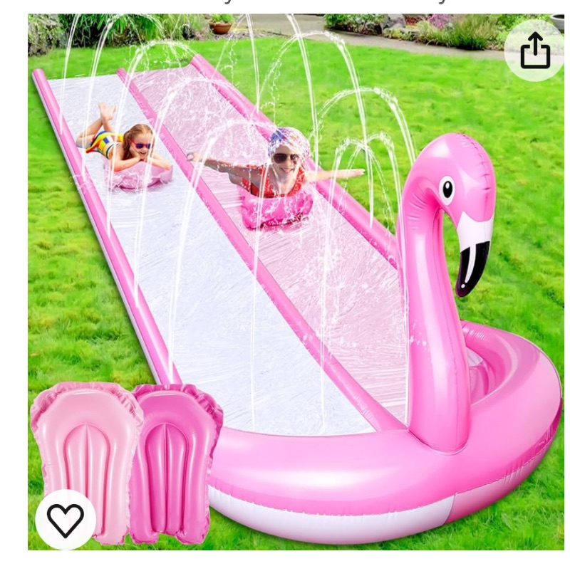 Photo 3 of 20 ft 3D Flamingo Slip Water Slide 3 Sided Safe Fence Lawn Water Slides with 2 Bodyboards and Sprinkler Inflatable Summer Slide Heavy Duty Water Slide for Boy Girl Outdoor Backyard Water