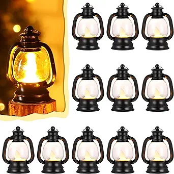 Photo 1 of 12 Pcs Mini Lantern Decorative with LED Candle 4 Inch Small Hanging Lantern Ornaments Camping Table Centerpiece Vintage Lantern Ornament Bulk for Western Cowboy Xmas (Black)