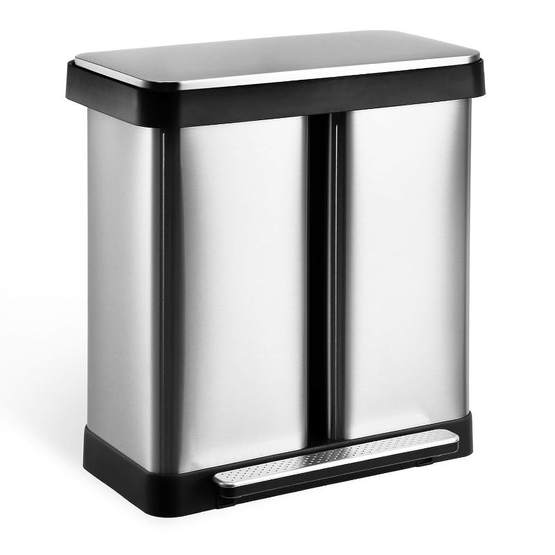 Photo 1 of 16 Gallon Dual Trash Can, Two Compartment Trash Can, Trash Can with 2 Recycling Bin Combo, Double Garbage Cans for Kitchen, 2 X 8 Gallons, Stainless Steel