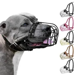 Photo 1 of BRONZEDOG Pitbull Dog Muzzle Metal Mask Amstaff Wire Basket Pit Bull Adjustable Leather Straps for Large Dogs (Black)