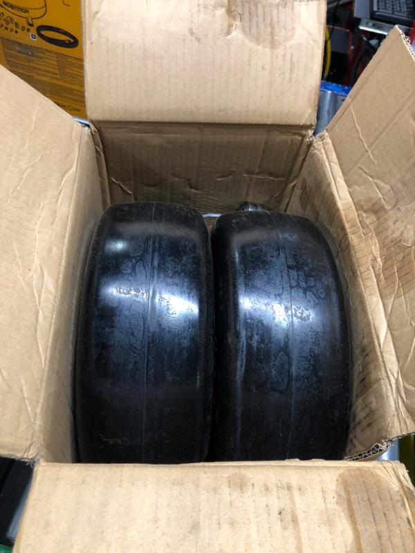 Photo 1 of 13x5.00-6 flat free tire and wheel,Front Zero-Turn Smooth Tire Assembly Replacement for Riding Lawn Mower Garden Tractor,with 3/4" &1/2" & 5/8" Precision bearings,3.25"- 5.9" Center Hub (2 Pack)