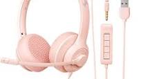 Photo 1 of USB Headset with Microphone for PC, On-Ear Computer Laptop Headphones with Noise Cancelling Mic in-line Control for Home Office Online Class Zoom-Pink