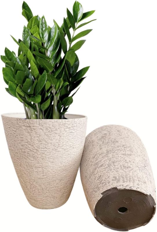 Photo 1 of 10 inch Tall Garden Planter Lightweight Indoor Outdoor Pots with Drainage Hole for Potted Plants Flowers Greenery, Set of 2 (Beige Grain Texture)
