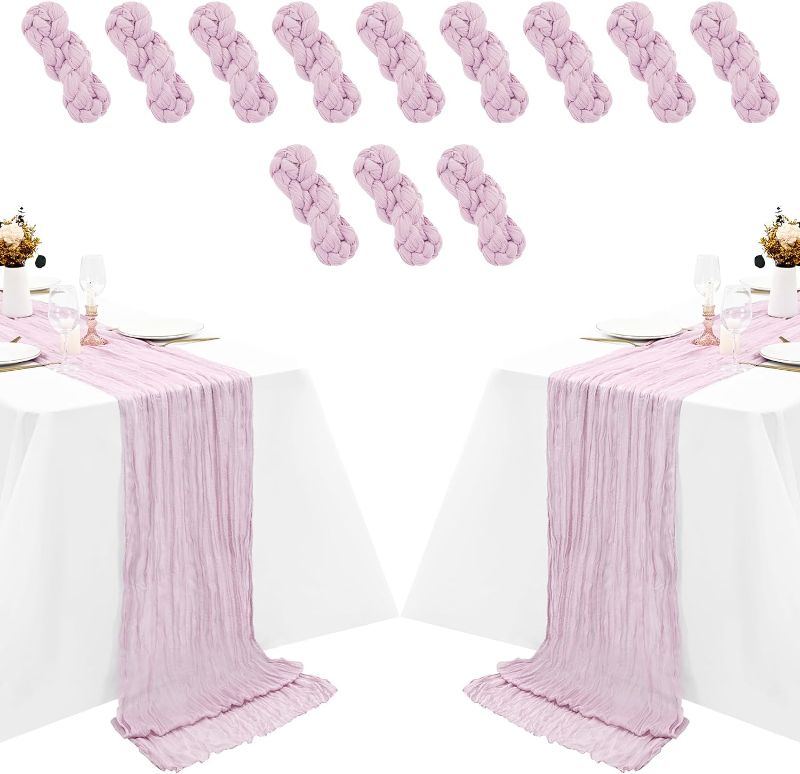 Photo 1 of 12 Pack Purple Pink Cheesecloth Table Runner 35x120 Inch 10Ft Gauze Cheese Cloth Table Runner, Boho Rustic Wedding Table Runner for Wedding Bridal Shower Graduation Banquet Table Decorations
