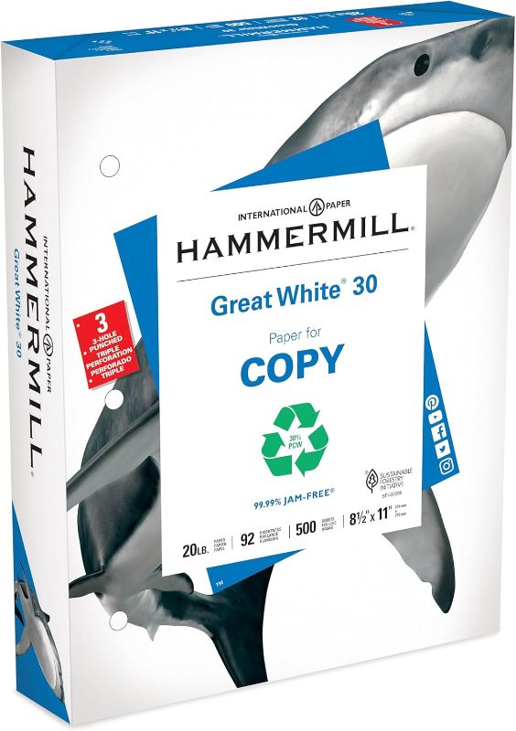 Photo 1 of Hammermill Printer Paper, Great White 30% Recycled Paper, 3 Hole - 1 Ream (500 Sheets) - 92 Bright, Made in the USA, 086702
