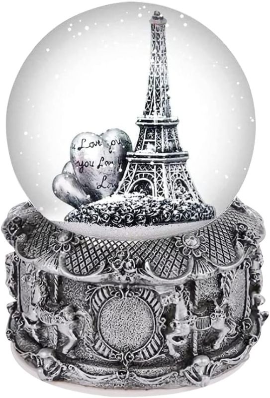 Photo 1 of Eiffel Tower Snow Globe Plays 8 Classic Tunes, 100mm Music Snowglobes Carousel Horses Base Hand-Painted Collectible Gifts for Birthday Christmas
