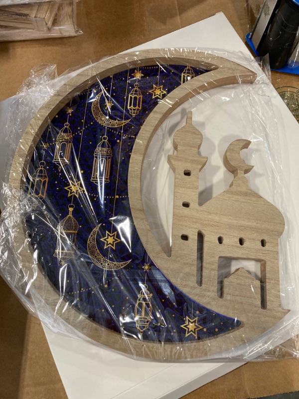 Photo 2 of 1 Pcs Ramadan Decorations Eid Mubarak Wood Tray Moon Star Serving Trays Wooden Ramadan Tray Food Serving Tableware Tray for Home Ramadan Party Table Dessert Snack Cookie (Elegant Lantern)