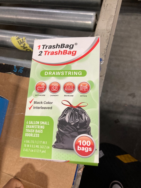 Photo 1 of 4 Gallon Trash Bags Drawstring - 100 Count Pre-Separated Small Black Garbage Bags Unscented for Bathroom, 15 Liter Strong Plastic Wastebasket Liners for Toilet, Home Office and Bedroom